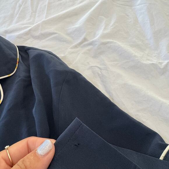 Alex Mill Navy Silk Pajama Crop Top Size M Button Up Short Sleeve Luxe Lounge - Picture 4 of 5